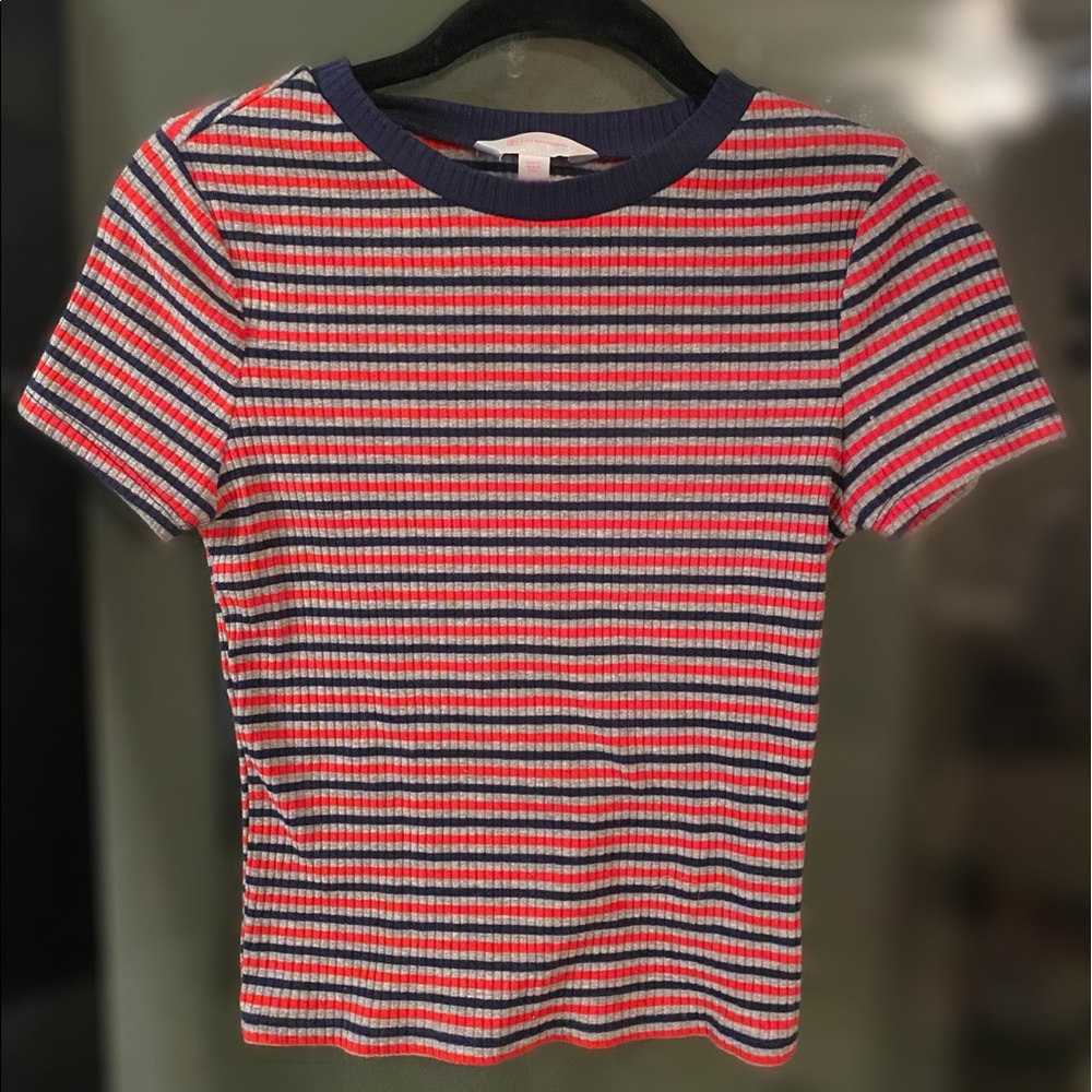 Blue, gray, red striped shirt. Gender neutral.